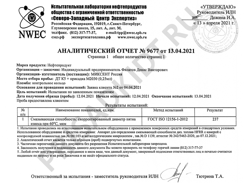 Результат испытания присадки для ДТ М2030 - дозировка 0,25 мл присадки на 1 л ДТ